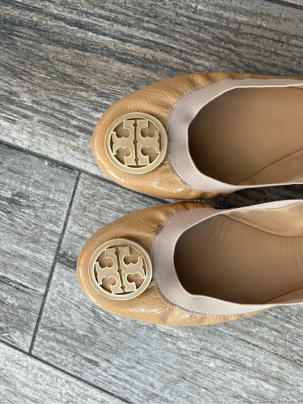 Tory Burch Tan Patent Leather Flats with Gold Logo Medallion